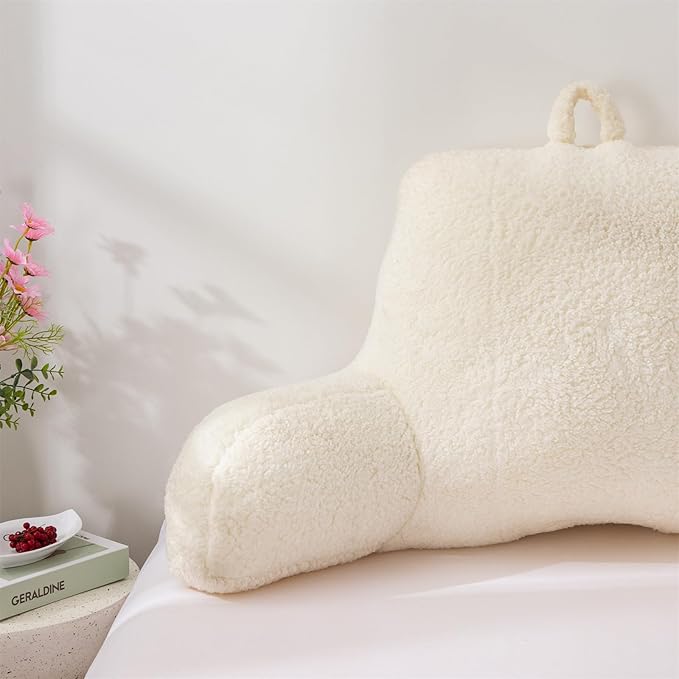 A Nice Night Sherpa Fleece Flannel Reading Pillow Bed Wedge Children Backrest with Arms Back Support for Sitting Up in Bed/Couch,White - LeafyLoom