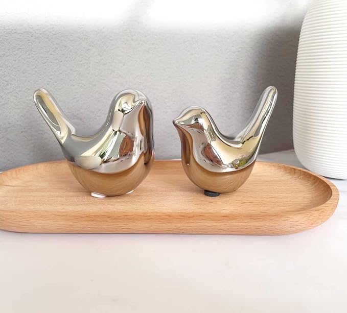 Cute Shelf Decor Birds, Small Animal Figurines Home Decor, Ceramic Silver Birds Shelf Decorations for Living Room Bedroom Bookshelf Table Top - LeafyLoom