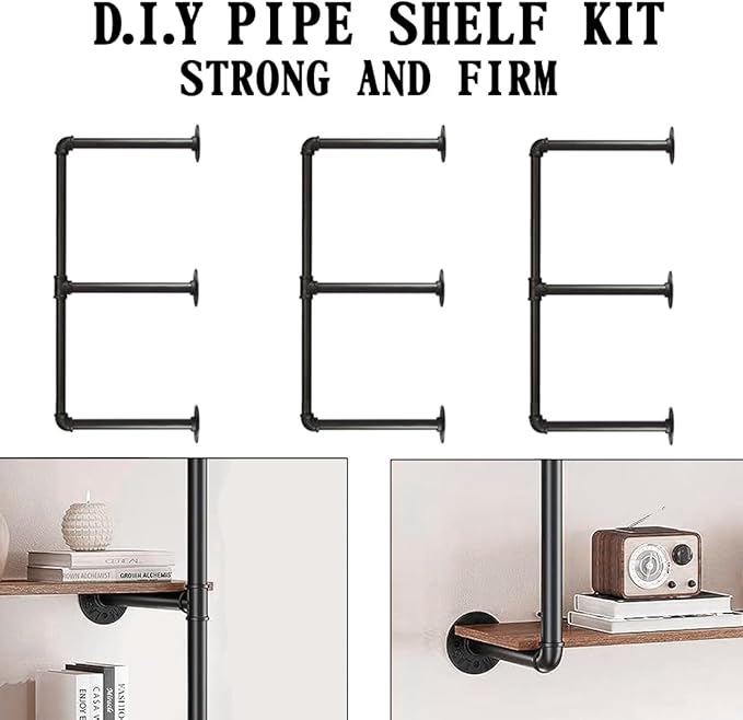 HITOMEN Industrial Iron Pipe Shelves, 3 Set 3-Tier, 28" Tall, 12" Depth, DIY Open Bookshelf Bookcase, Wall Mounted Vintage Retro Shelving, Rustic Farmhouse Pantry Kitchen Storage, Black Shelf Brackets - LeafyLoom