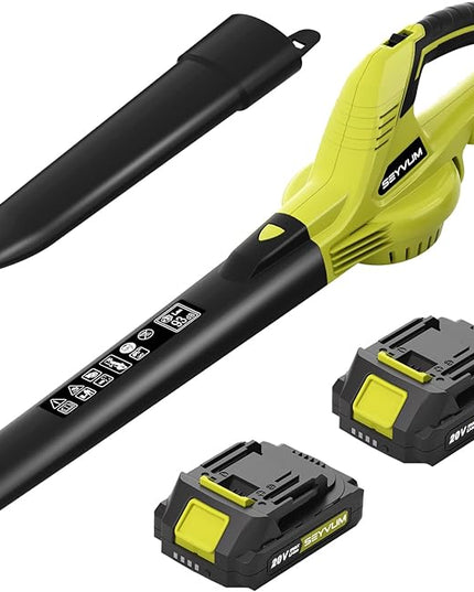 SEYVUM Leaf Blower, 20V Cordless Leaf Blower with 2 Pcs Li-ion Battery, Electric Leaf Blower for Lawn Care, 320CFM 150MPH Battery Powered Leaf Blower, for Patio, Garden Cleaning, Fast Charger Included - LeafyLoom