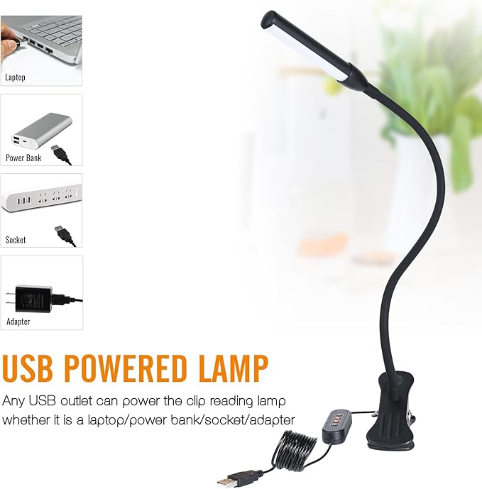 Clip on Reading Light, Clip Light, Warm & Daylight & White Light 3 Colors, Eye-Care Clamp Lamp with 10 Dimmable Illumination Modes - LeafyLoom