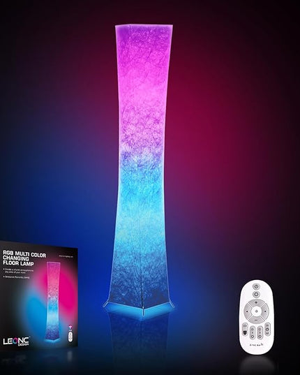 LEONC Design Floor Lamp, 61 inches LEONC Standing Lamp, RGB 7 Colors Changing LED Bulbs and 10 Levels Brightness, Remote Control and Fabric Shade, Modern for Bedroom, Kids Room&Play Room (RGB/Remote) - LeafyLoom