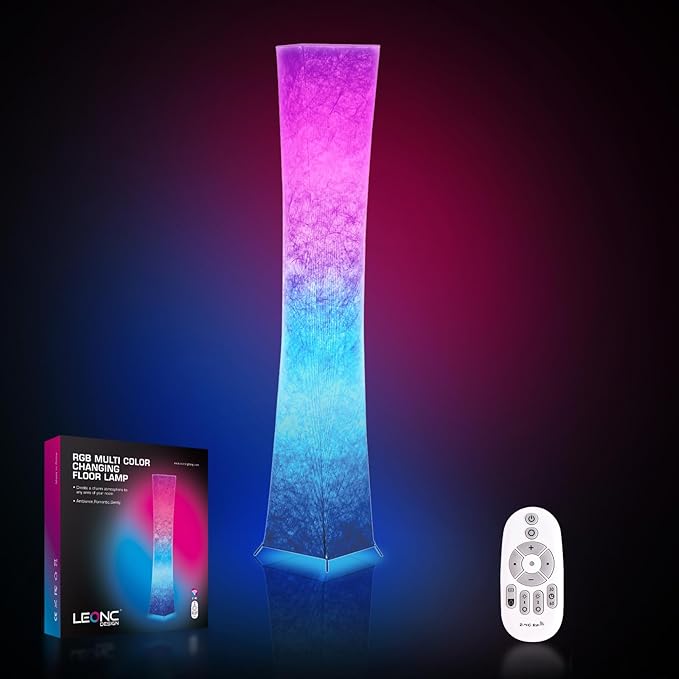 LEONC Design Floor Lamp, 61 inches LEONC Standing Lamp, RGB 7 Colors Changing LED Bulbs and 10 Levels Brightness, Remote Control and Fabric Shade, Modern for Bedroom, Kids Room&Play Room (RGB/Remote) - LeafyLoom