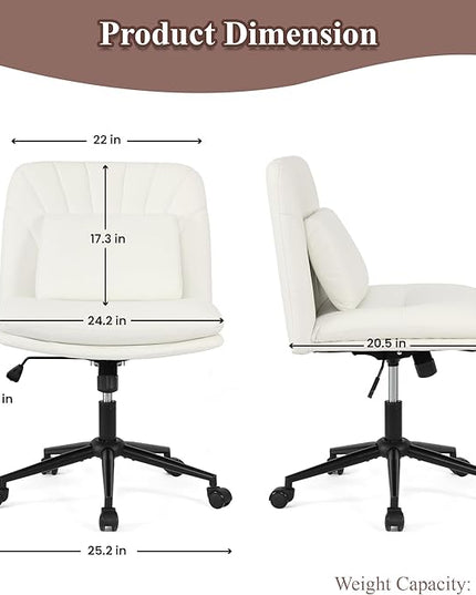 Criss Cross Chair Armless Office Chair Desk Chair with Wheels Pu Leather Cross Legged Office Chair, Wide Desk Chairs Computer Chair Swivel Vanity Chair with Lumbar Cushion for Home & Office - LeafyLoom