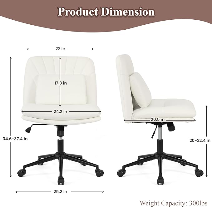 Criss Cross Chair Armless Office Chair Desk Chair with Wheels Pu Leather Cross Legged Office Chair, Wide Desk Chairs Computer Chair Swivel Vanity Chair with Lumbar Cushion for Home & Office - LeafyLoom