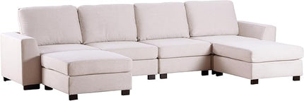 130.7" Large U-Shaped Sectional Sofa w/Removable Ottomans, 3-Pieces Modular Upholstered Couch with Double Chaise Lounge for Living Room Apartment Home Office, Beige, 130.7 Inch - LeafyLoom