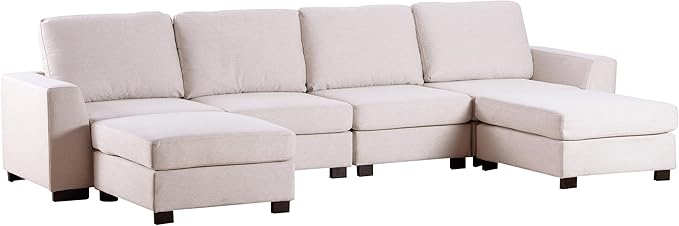 130.7" Large U-Shaped Sectional Sofa w/Removable Ottomans, 3-Pieces Modular Upholstered Couch with Double Chaise Lounge for Living Room Apartment Home Office, Beige, 130.7 Inch - LeafyLoom