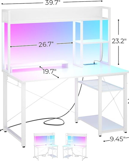 Cyclysio Gaming Desk with Hutch, 39'' Computer Desk with LED Lights & Power Outlets, Home Office Desk with Reversible 5 Tiers Storage Shelves & Monitor Stand, Small Gaming Table for Small Space, White - LeafyLoom