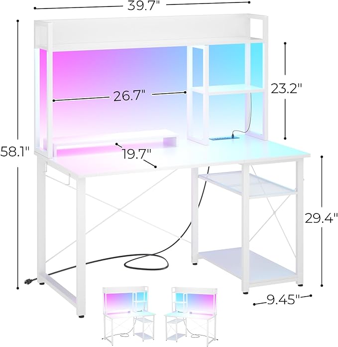 Cyclysio Gaming Desk with Hutch, 39'' Computer Desk with LED Lights & Power Outlets, Home Office Desk with Reversible 5 Tiers Storage Shelves & Monitor Stand, Small Gaming Table for Small Space, White - LeafyLoom