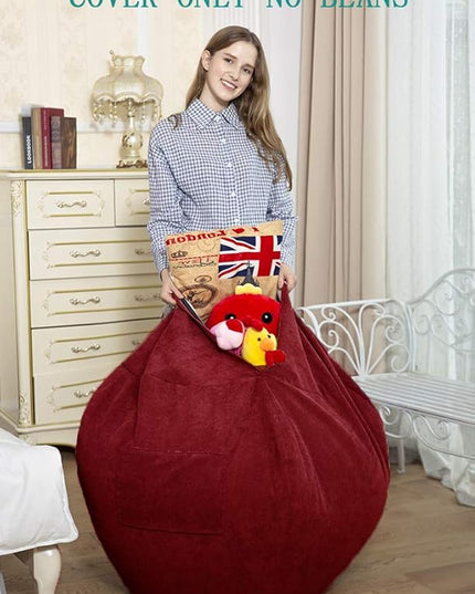 Stuffed Animal Storage Bean Bag Chair Cover (No Filler) for Kids and Adults.Soft Premium Corduroy Stuffable Beanbag for Organizing Children Plush Toys or Memory Foam Large 300L (WineRed) - LeafyLoom