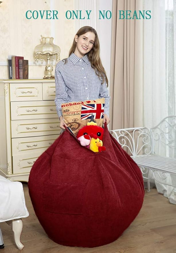 Stuffed Animal Storage Bean Bag Chair Cover (No Filler) for Kids and Adults.Soft Premium Corduroy Stuffable Beanbag for Organizing Children Plush Toys or Memory Foam Large 300L (WineRed) - LeafyLoom