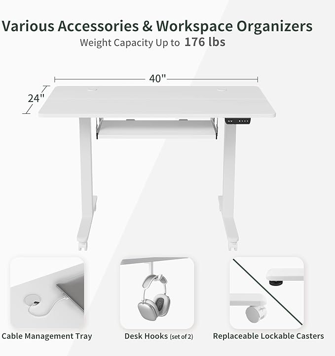 FEZIBO Standing Desk with Keyboard Tray, 40 × 24 Inches Electric Height Adjustable Desk, Sit Stand Up Desk, Computer Office Desk, White - LeafyLoom