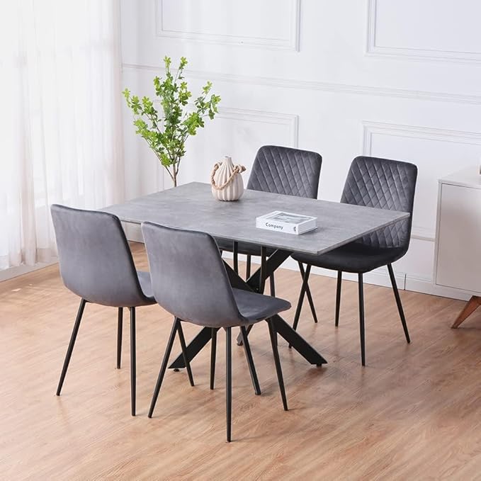 Grey Marble Dining Table with Black Metal Legs, 47" Modern Rectangular Kitchen Table for Dining Room Kitchen - LeafyLoom