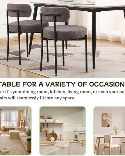 EDWELL Boucle Dining Chairs Set of 6, Modern Upholstered Dining Room Chairs with Black Metal Legs, Dark Grey Curved Backrest Kitchen Chair for Dining Room, Living Room - LeafyLoom