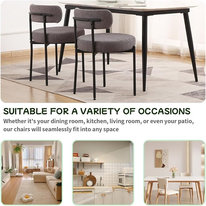 EDWELL Boucle Dining Chairs Set of 6, Modern Upholstered Dining Room Chairs with Black Metal Legs, Dark Grey Curved Backrest Kitchen Chair for Dining Room, Living Room - LeafyLoom