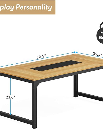 70.9 Inch Large Dining Table Rectangular Kitchen Furniture for 6 to 8 People, Walnut+Black - LeafyLoom