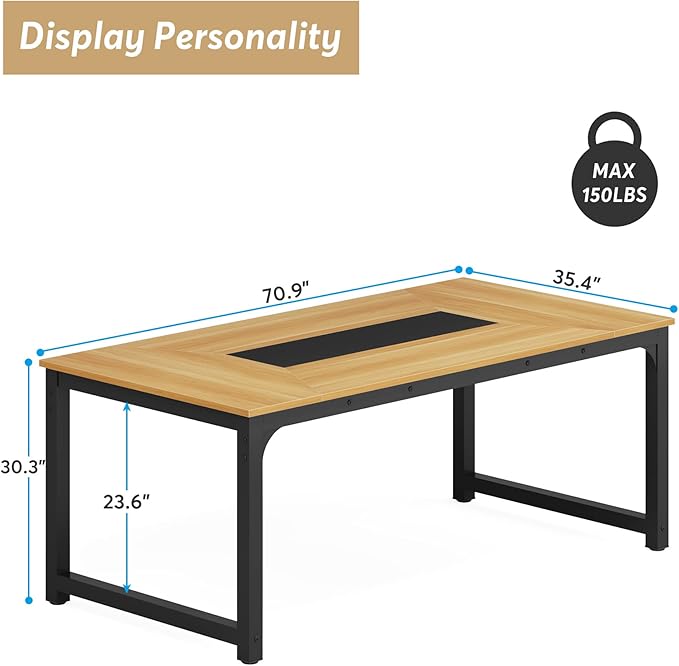 70.9 Inch Large Dining Table Rectangular Kitchen Furniture for 6 to 8 People, Walnut+Black - LeafyLoom