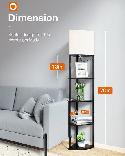 addlon corner lamp 5-Tier Shelf Floor Lamp Display with 3 Color Temperatures LED Bulb and Linen Lamp Shade, Shelves for Living Room, Bedroom and Office - Black - LeafyLoom