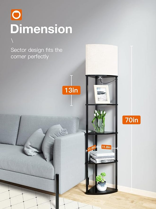 addlon corner lamp 5-Tier Shelf Floor Lamp Display with 3 Color Temperatures LED Bulb and Linen Lamp Shade, Shelves for Living Room, Bedroom and Office - Black - LeafyLoom