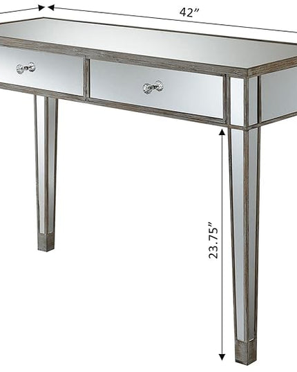 Convenience Concepts Gold Coast Mirrored Desk 42" - Console Table with 2 Drawers for Storage in Living Room, Office, Weathered White/Mirror - LeafyLoom