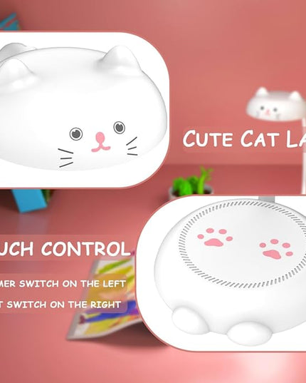 Cute Small Desk Lamp for Kids, Eye-caring Desk Light LED Reading Lamp, 3 Color Dimmable & 45min Timer, Battery Powered Cordless Lamp Rechargeable, Flexible Gooseneck Battery Operated Table Lamp, Cat - LeafyLoom
