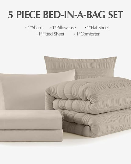 CASAAGUSTO Twin XL comforter Set, 5 Pieces Oatmeal Seersucker Bed in a Bag Twin XL Soft All Seasons, Twin Bedding Set with Comforter, Flat Sheet, Fitted Sheet, 1 Pillow Sham, 1 Pillowcase - LeafyLoom