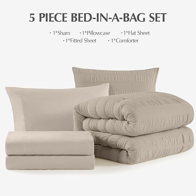 CASAAGUSTO Twin XL comforter Set, 5 Pieces Oatmeal Seersucker Bed in a Bag Twin XL Soft All Seasons, Twin Bedding Set with Comforter, Flat Sheet, Fitted Sheet, 1 Pillow Sham, 1 Pillowcase - LeafyLoom
