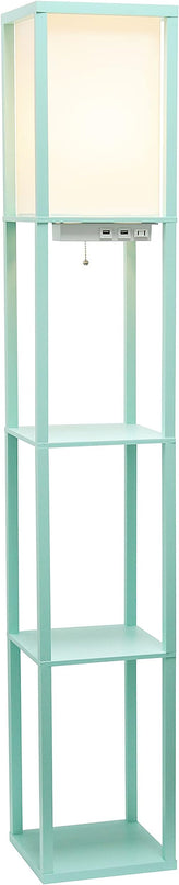 Simple Designs LF1037-AQU Floor Lamp Etagere Organizer Storage Shelf with 2 USB Charging Ports, 1 Charging Outlet and Linen Shade, Aqua - LeafyLoom
