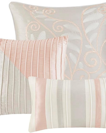 Madison Park Amherst Faux Silk Comforter Set-Casual Contemporary Design All Season Down Alternative Bedding, Matching Shams, Bedskirt, Decorative Pillows, Queen (90 in x 90 in), Blush/Taupe 7 Piece - LeafyLoom