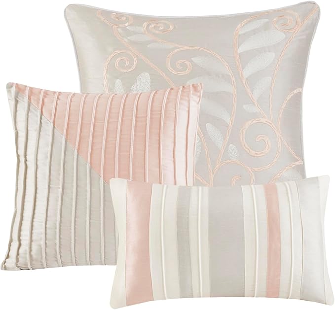 Madison Park Amherst Faux Silk Comforter Set-Casual Contemporary Design All Season Down Alternative Bedding, Matching Shams, Bedskirt, Decorative Pillows, Queen (90 in x 90 in), Blush/Taupe 7 Piece - LeafyLoom