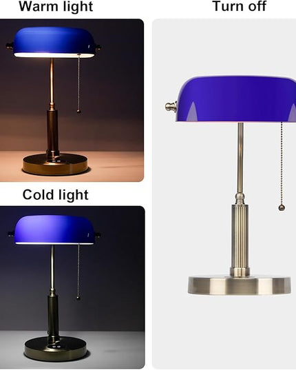 FIRVRE Bankers Lamp with2 USB and Wireless Charging Port，Pull Chain Switch Blue Glass Desk Lamp， E26 Base,Traditional Library Desk Lamps for Home Office,Bedroom,Piano - LeafyLoom