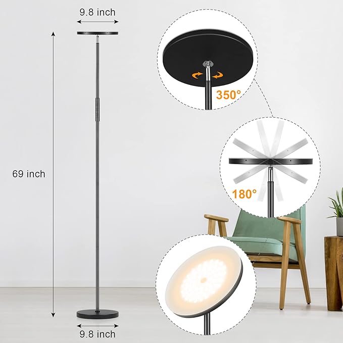 LED Floor Lamp, 3600LM 36W Super Bright Standing Lamp with Remote & Touch Control, 350W Equivalent Modern Torchiere Lamp with 2700K-6500K Stepless Dimming, 69" Tall Lamp for Living Room Bedroom Office - LeafyLoom