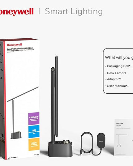 Honeywell Sunturalux™ LED Desk Lamp with USB Charging Ports HWT-H01 - Stepless Dimmable Eye Caring Desk Light for Home Office Bedroom Bedside College Dorm, Foldable Table Lamp Reading Lamp Black - LeafyLoom