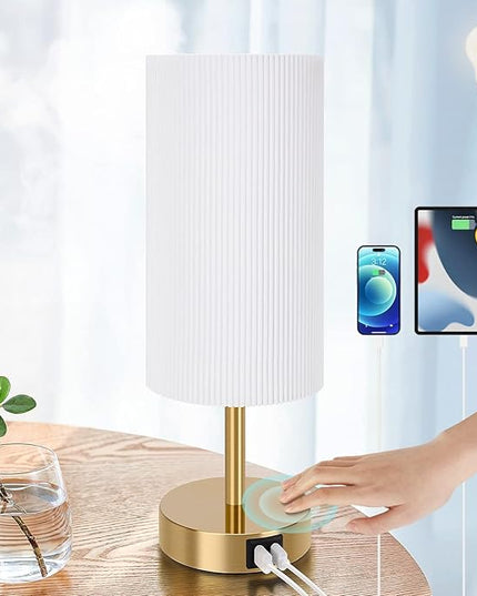 Bedside Lamp with USB port - Touch Control Table Lamp for Bedroom Wood 3 Way Dimmable Nightstand Lamp with Round Pleated Shade for Living Room, Dorm, Home Office (LED Bulb Included) (Pleated) - LeafyLoom
