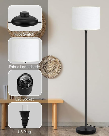 BoostArea Floor Lamp Standing Lamp, Tall Floor Lamp with 3 Dimmable Levels, Simple Floor Lamp with Linen Lampshade, On/OFF Footswitch, 9W LED Bulb Included, Floor Lamps for Living Room/Bedroom,White - LeafyLoom