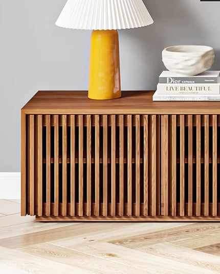 POVISON Wood TV Stand, 118” Extra-large Entertainment Center for 100 inch TV, Modern Living Room Media Console with Storage, Farmhouse Slatted Solid Ash Low Cabinets - LeafyLoom