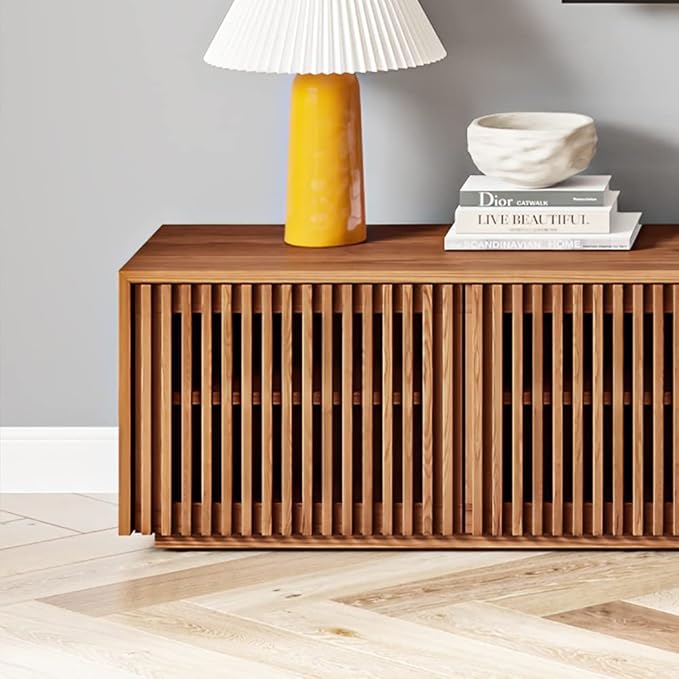 POVISON Wood TV Stand, 118” Extra-large Entertainment Center for 100 inch TV, Modern Living Room Media Console with Storage, Farmhouse Slatted Solid Ash Low Cabinets - LeafyLoom