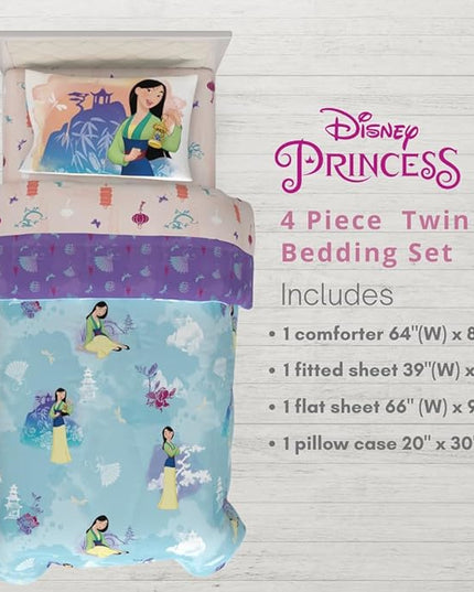 Franco Disney Princess Mulan Kids Bedding Super Soft Microfiber Comforter and Sheet Set, 4 Piece Twin Size, (Official Licensed Product) - LeafyLoom