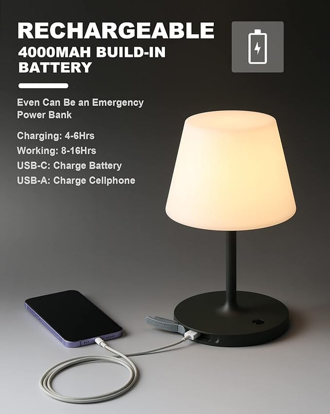 Outdoor Battery Operated Table Lamp Waterproof, 4000mAh Cordless Table Lamp Rechargeable, Touch Dimmable Desk Lamp, LED Night Light for Patio Camping Restaurant Home, H9.6in, Dark Grey - LeafyLoom