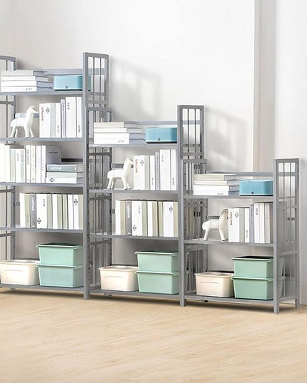 IOTXY Adjustable Bamboo Open Bookshelf - Medium 4-Tier Free Standing Storage Rack, Multifunctional Display Stand for Home and Office, Bookcase, Light Grey - LeafyLoom