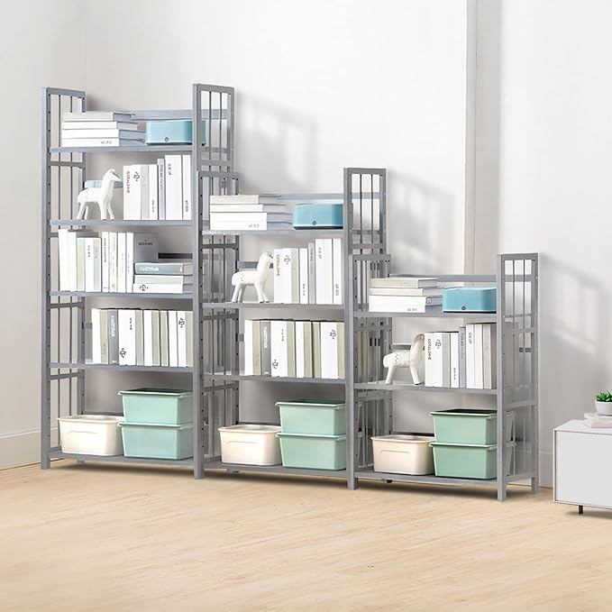 IOTXY Bamboo Open Bookshelf - Large 5-Tier Free-Standing Storage Rack, Multifunctional Display Stand for Bookcase, Office and Home, Light Grey - LeafyLoom