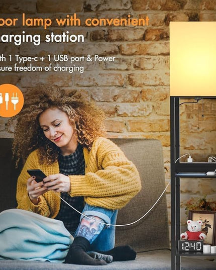 PAZZO Floor lamp with Shelves, Shelf Floor Lamp with Remote Control, Solid Wood with 2 Charging Ports and 1 Power Outlet, 4 Color Temperatures with Intelligence Bulb, Lamps for Livingroom, Bedroom - LeafyLoom
