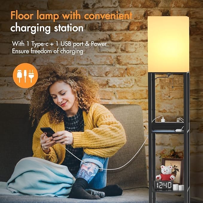 PAZZO Floor lamp with Shelves, Shelf Floor Lamp with Remote Control, Solid Wood with 2 Charging Ports and 1 Power Outlet, 4 Color Temperatures with Intelligence Bulb, Lamps for Livingroom, Bedroom - LeafyLoom