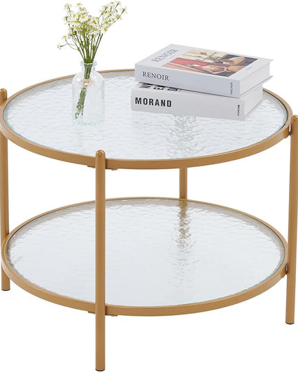 VINGLI 25.6" Small Matte Gold Round Coffee Table Water-wave Glass Circle Clear Coffee Table, Center Table with 2-Tier Modern Storage Design for Living Room, Bedroom, Meeting Room, Balcony, Patio - LeafyLoom