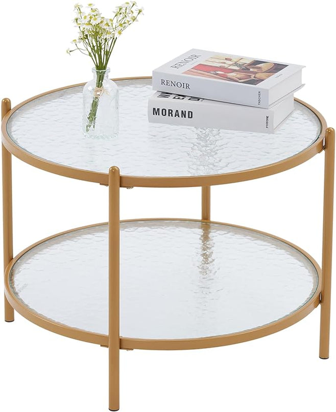 VINGLI 25.6" Small Matte Gold Round Coffee Table Water-wave Glass Circle Clear Coffee Table, Center Table with 2-Tier Modern Storage Design for Living Room, Bedroom, Meeting Room, Balcony, Patio - LeafyLoom