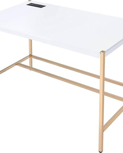 Acme Midriaks Wooden Top Writing Desk with USB Port in White and Gold - LeafyLoom