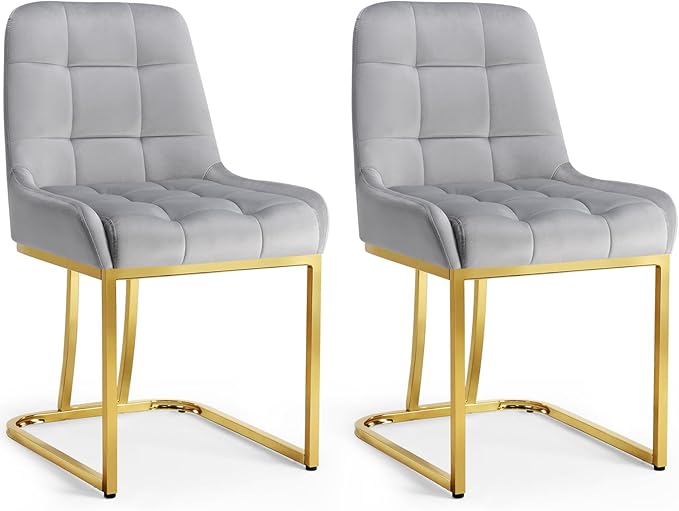 STARY Upholstered Velvet Armless Dining Room Chairs with Gold Metal Legs for Kitchen Restaurant, Gray- Set of 2 - LeafyLoom