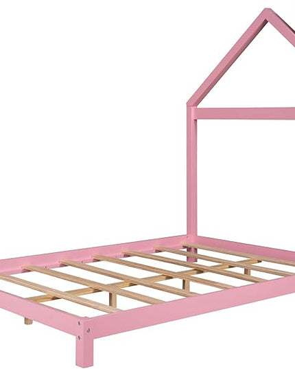 Jintop Full Size Wood Platform Chimney and House-Shaped Headboard,Bedroom Furniture Bed Frame W/ 10 Slat Support,Easy to Install,for Teens Kids Girls Boys,Pink - LeafyLoom