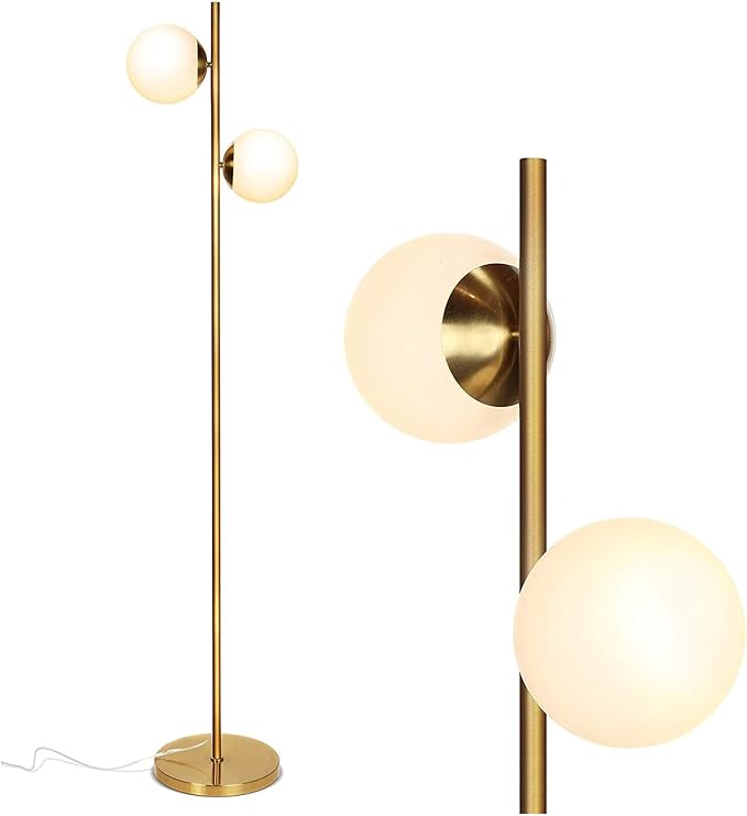 Brightech Sphere Floor Lamp for Living Room, Mid-Century Modern 2 Globe Pole Light for Bedroom, Bright LED Standing Lamps for Offices, Contemporary Living Room Décor – Gold/Antique Brass - LeafyLoom