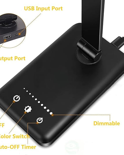 LED Desk Lamp Dimmable Table Reading Lamp with USB Charging Port, 5 Lighting Modes, Sensitive Control, 30/60 Minutes Auto-Off Timer, Eye-Caring Office Lamp (Black) - LeafyLoom